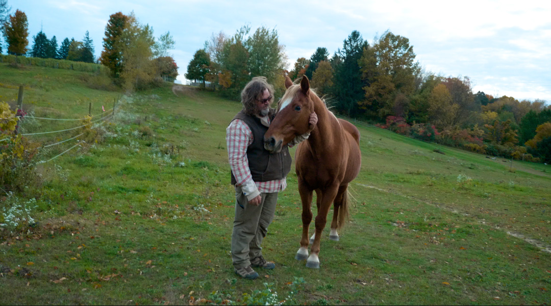 A man in a checked shirt and body warmer standing face to face with a chestnut horse on the hillside pasture, one hand at its cheek.