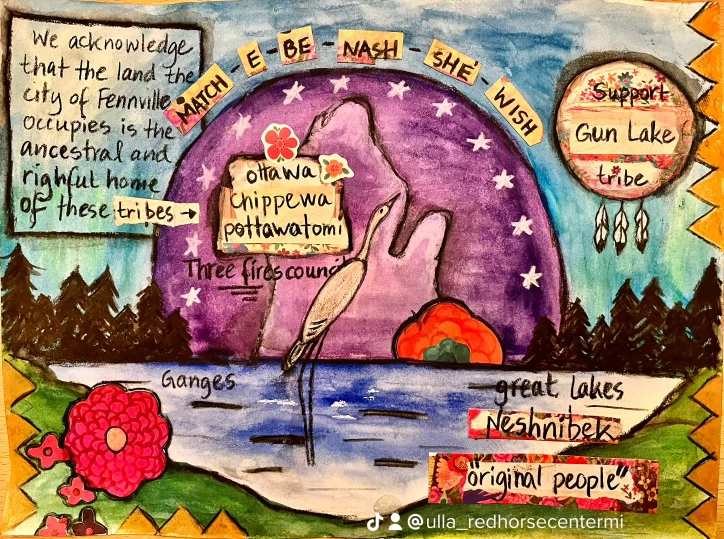 A painting of a heron standing in water beneath a purple moon, lettered with the Red Horse land acknowledgement: "We acknowledge that the land the city of Fennville occupies is the ancestral and rightful home of these tribes — Match-E-Be-Nash-She-Wish, Ottawa, Chippewa, Pottawatomi, the Three Fires Council." Also lettered: Ganges, Great Lakes, Neshnabek, "original people", and "Support Gun Lake Tribe".